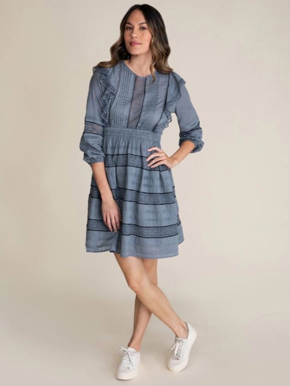 Baybala Laura Blue Tiered Mini Dress Ruffle Lace Boho Feminine Size XS Women's